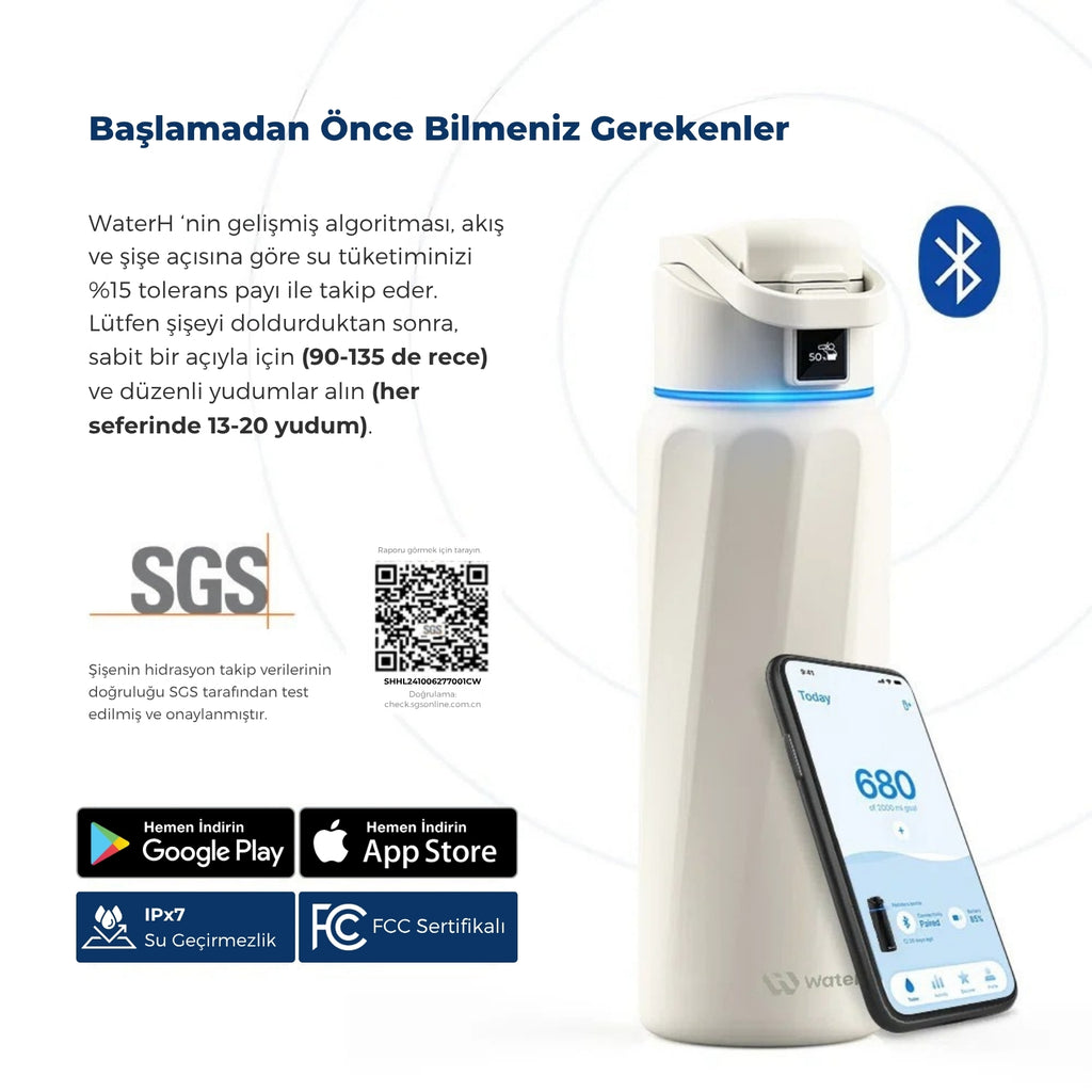WaterH Boost Akıllı Termos - Hidrasyon Takibi Yapan, Yalıtımlı 0.95 L Akıllı Su Şişesi - Beyaz