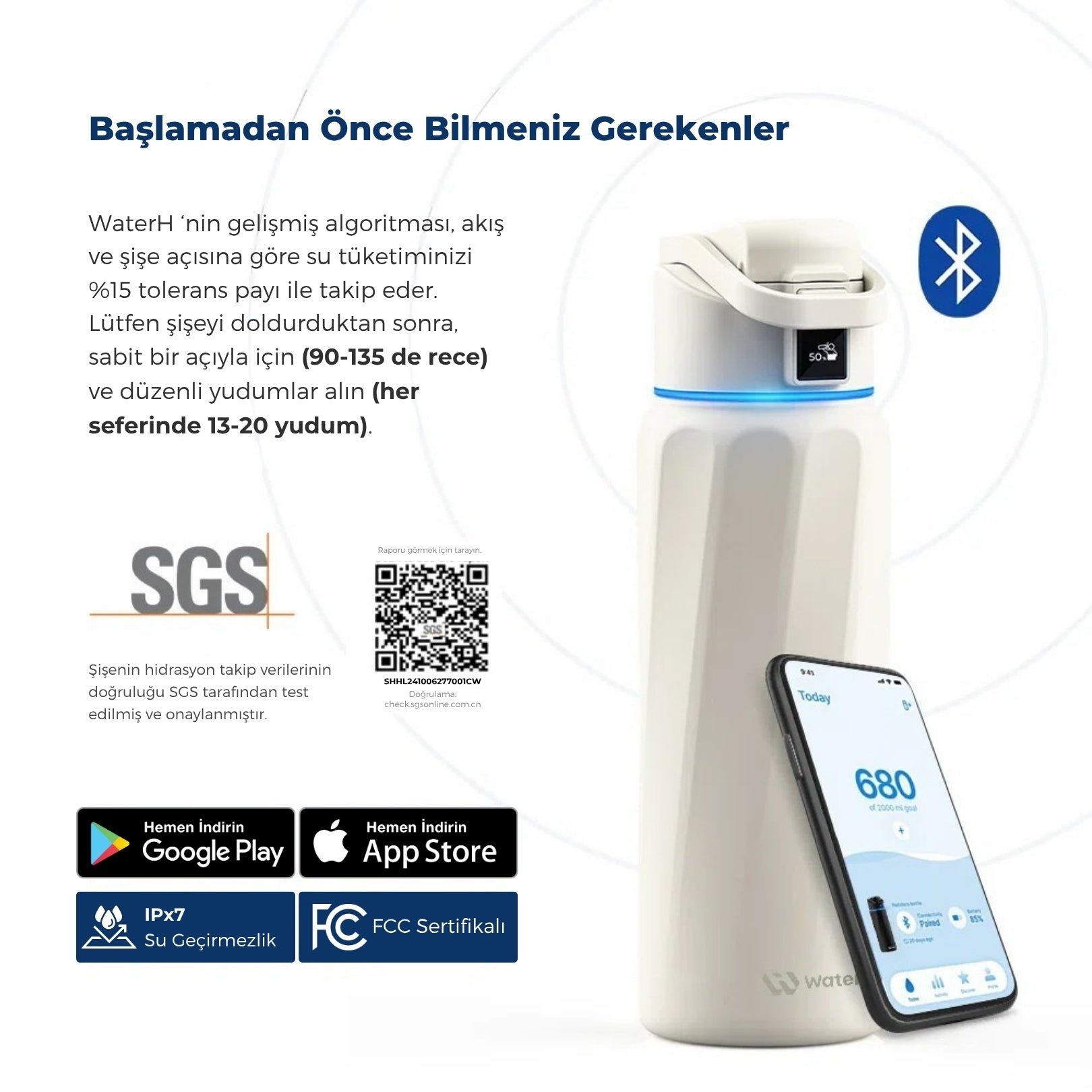 WaterH Boost Akıllı Termos - Hidrasyon Takibi Yapan, Yalıtımlı 0.95 L Akıllı Su Şişesi - Beyaz