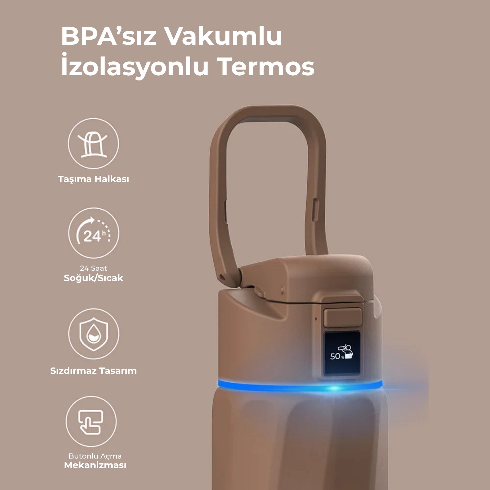 WaterH Boost Akıllı Termos - Hidrasyon Takibi Yapan, Yalıtımlı 0.7 L Akıllı Su Şişesi - Kahverengi