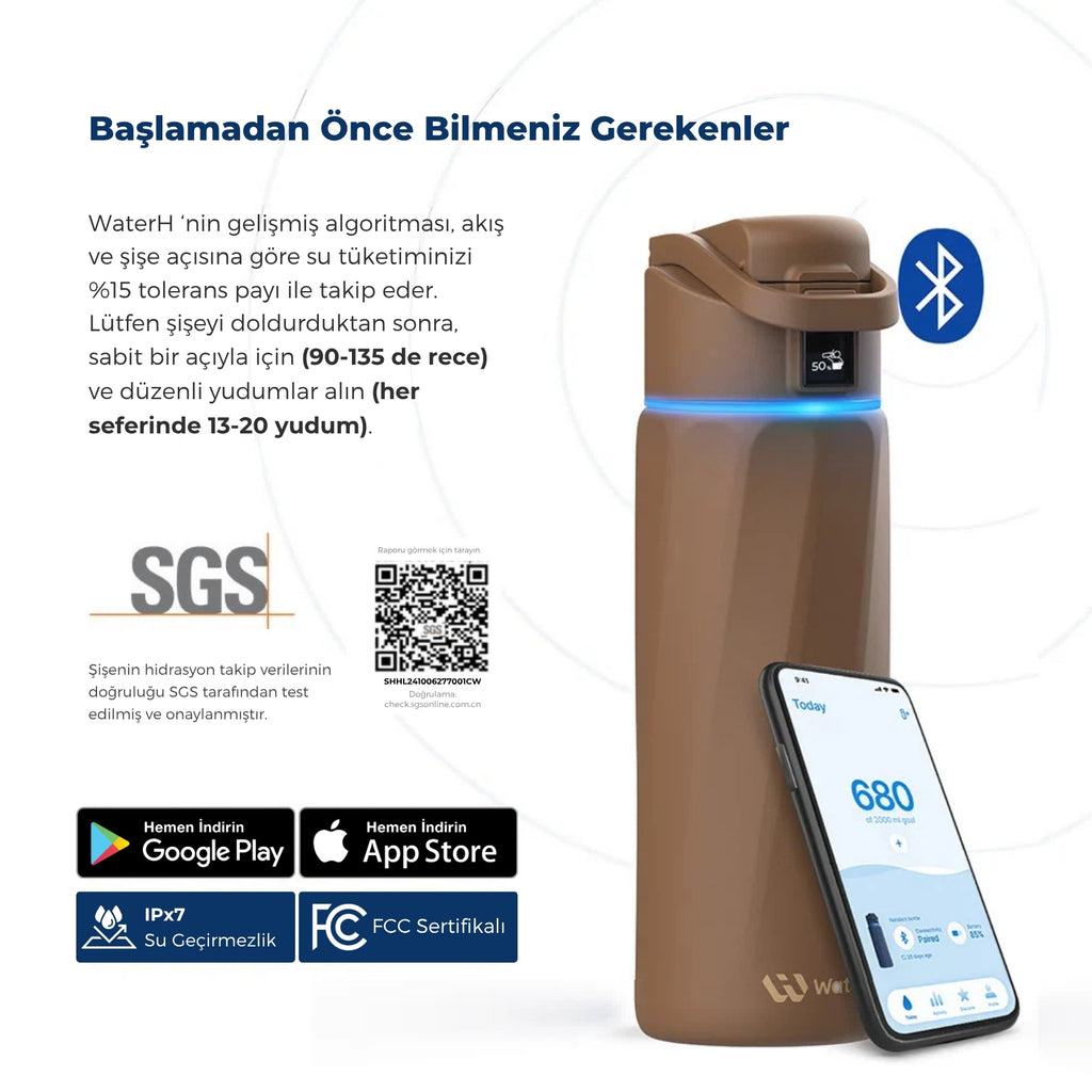 WaterH Boost Akıllı Termos - Hidrasyon Takibi Yapan, Yalıtımlı 0.7 L Akıllı Su Şişesi - Kahverengi