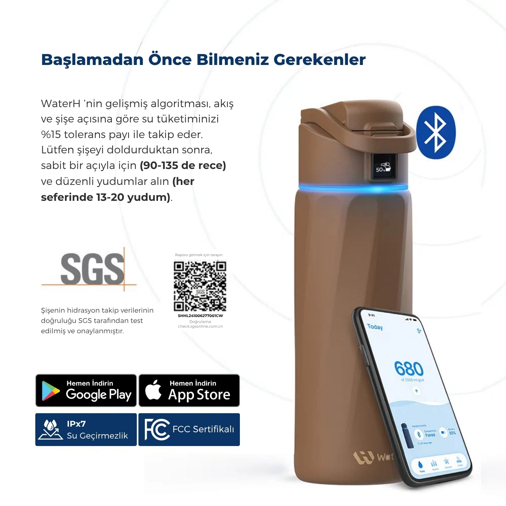 WaterH Boost Akıllı Termos - Hidrasyon Takibi Yapan, Yalıtımlı 0.7 L Akıllı Su Şişesi - Kahverengi