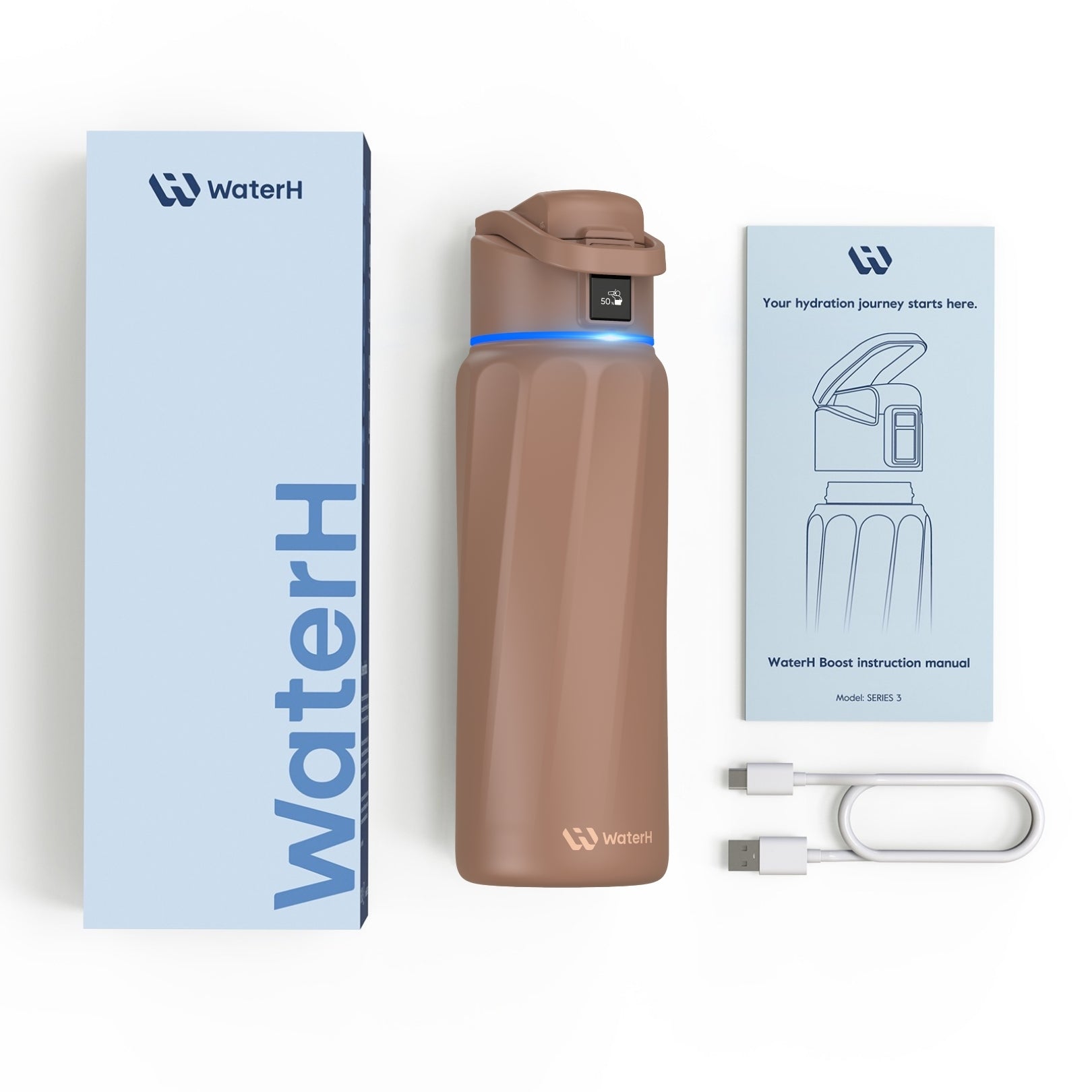 WaterH Boost Akıllı Termos - Hidrasyon Takibi Yapan, Yalıtımlı 0.7 L Akıllı Su Şişesi - Kahverengi