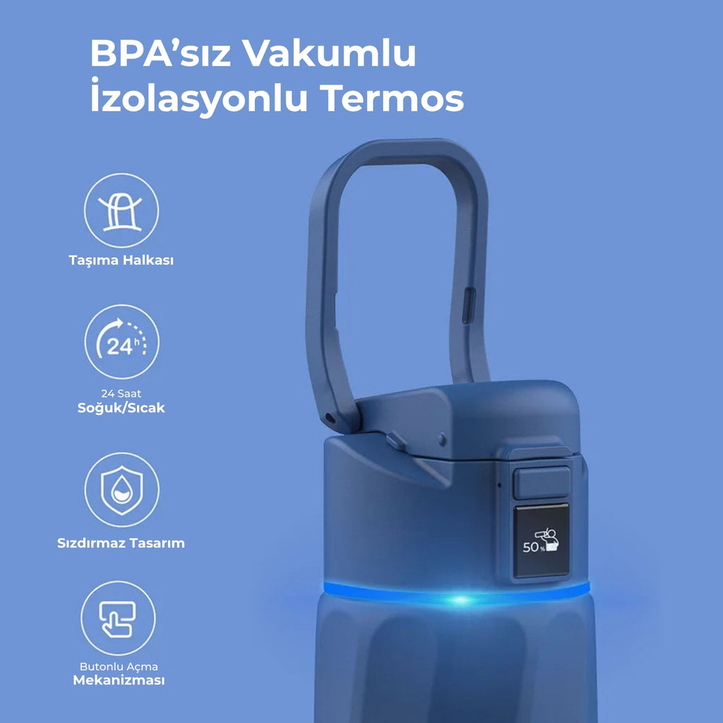 WaterH Boost Akıllı Termos - Hidrasyon Takibi Yapan, Yalıtımlı 0.95 L Akıllı Su Şişesi - Koyu Mavi