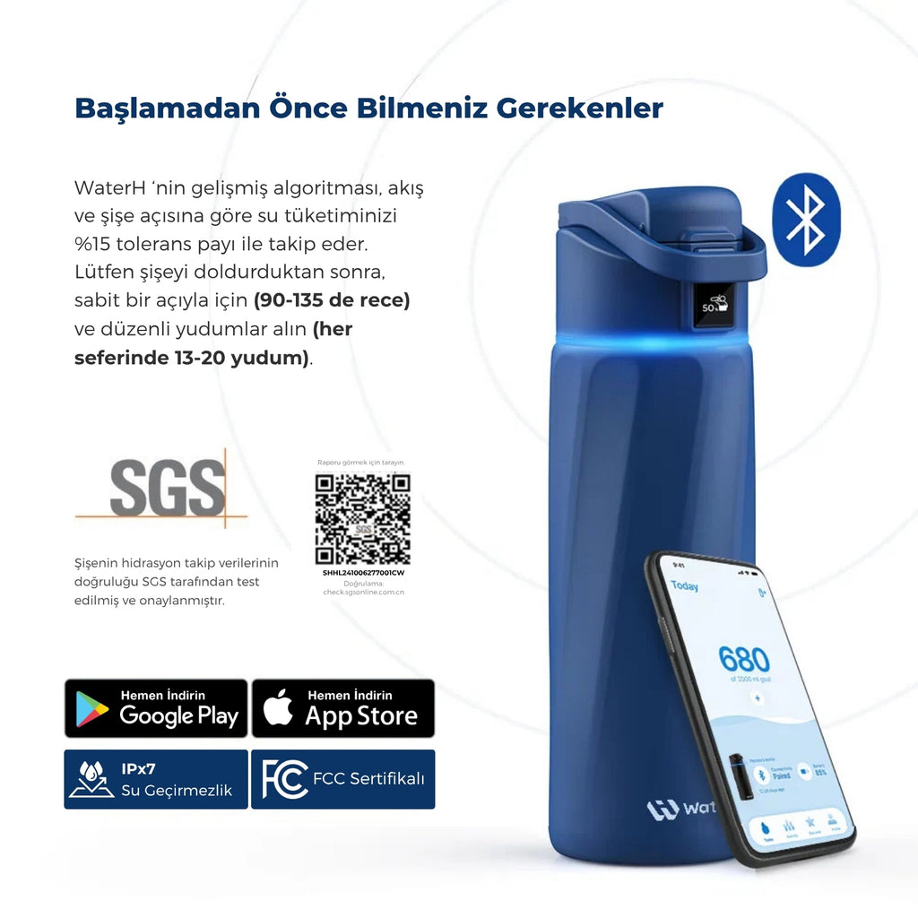 WaterH Boost Akıllı Termos - Hidrasyon Takibi Yapan, Yalıtımlı 0.95 L Akıllı Su Şişesi - Koyu Mavi