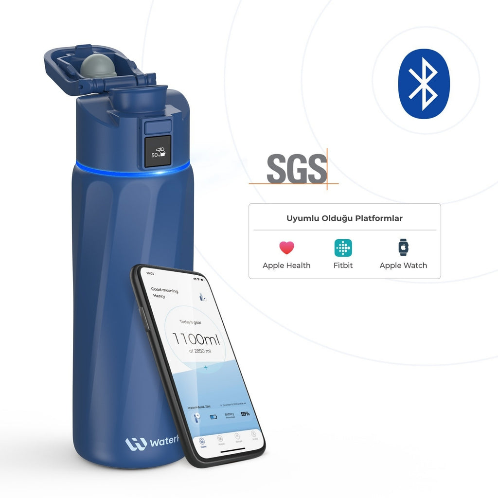 WaterH Boost Akıllı Termos - Hidrasyon Takibi Yapan, Yalıtımlı 0.7 L Akıllı Su Şişesi - Koyu Mavi
