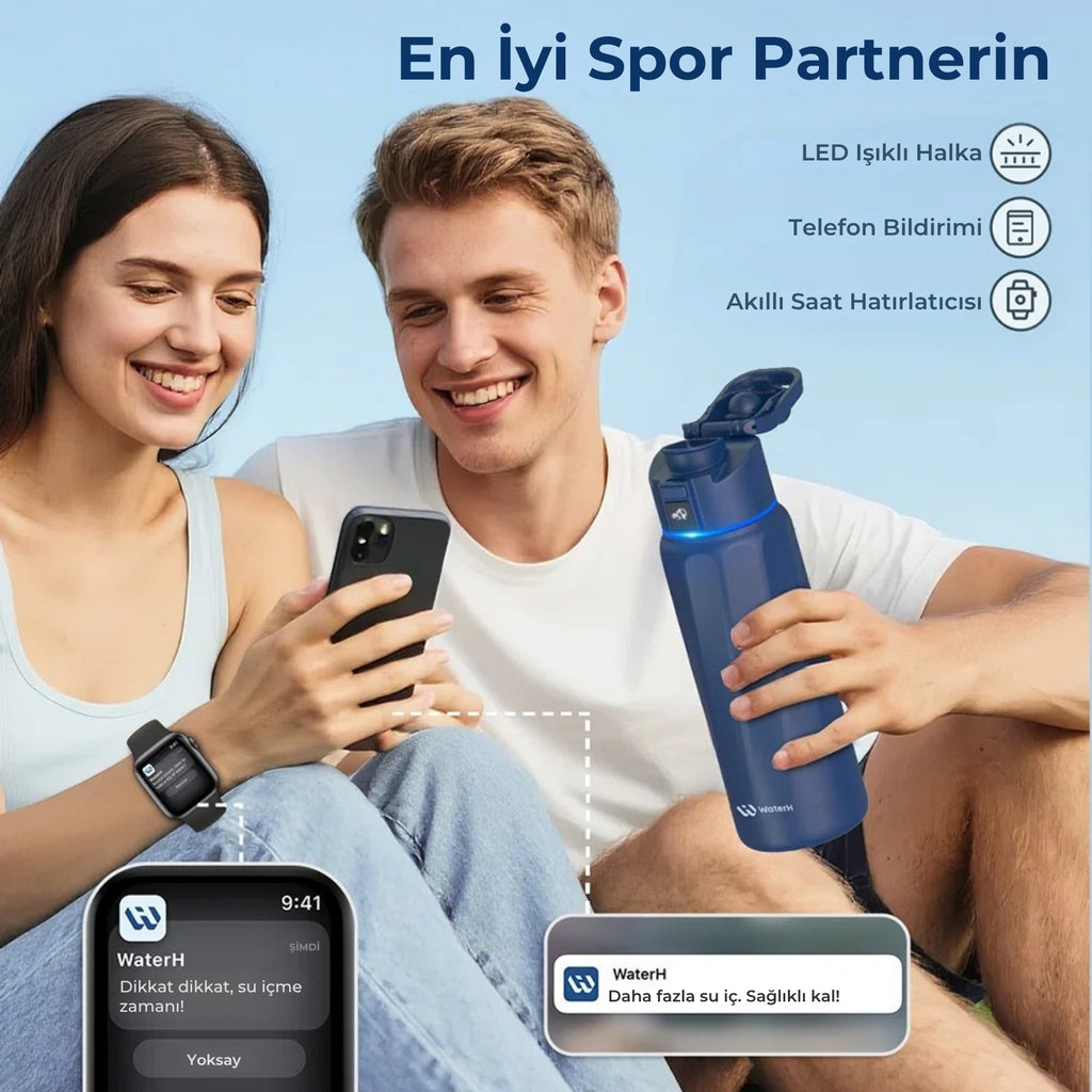 WaterH Boost Akıllı Termos - Hidrasyon Takibi Yapan, Yalıtımlı 0.7 L Akıllı Su Şişesi - Koyu Mavi