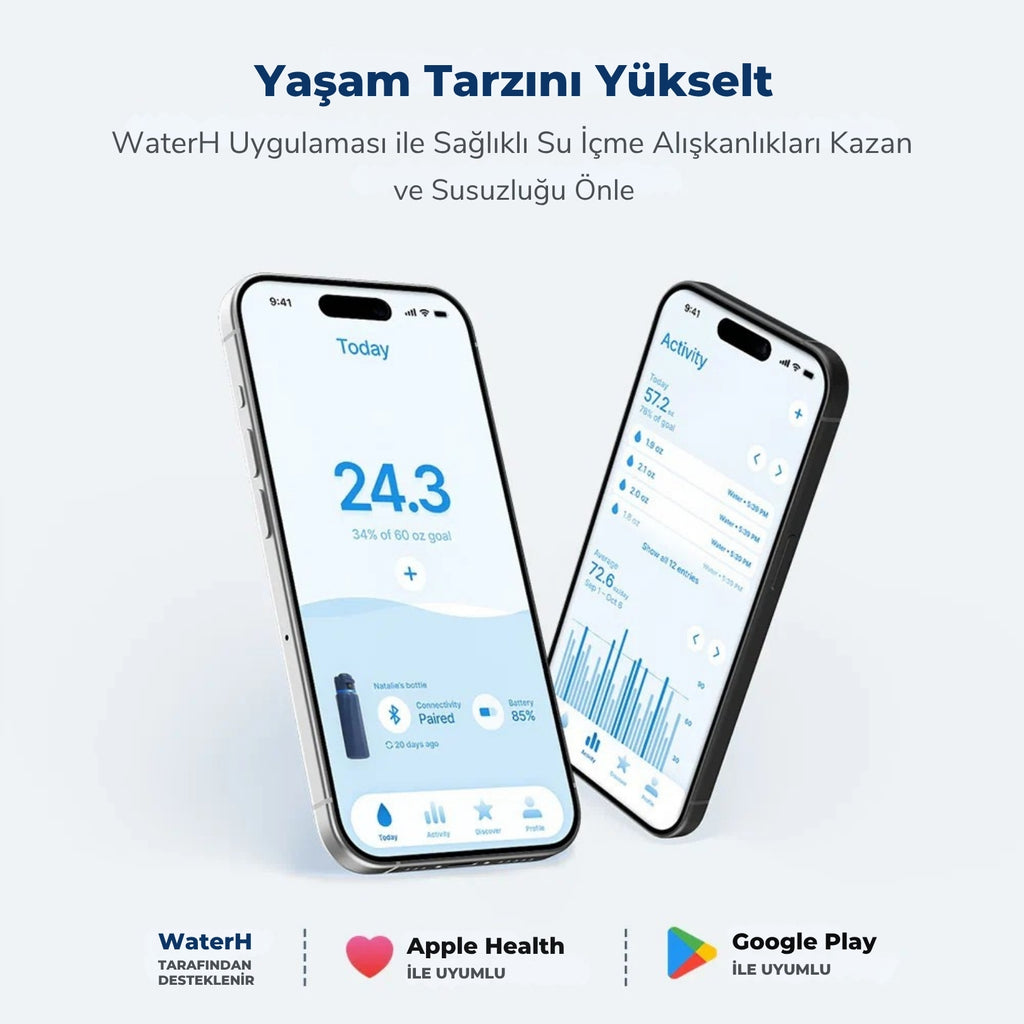 WaterH Boost Akıllı Termos - Hidrasyon Takibi Yapan, Yalıtımlı 0.7 L Akıllı Su Şişesi - Koyu Mavi