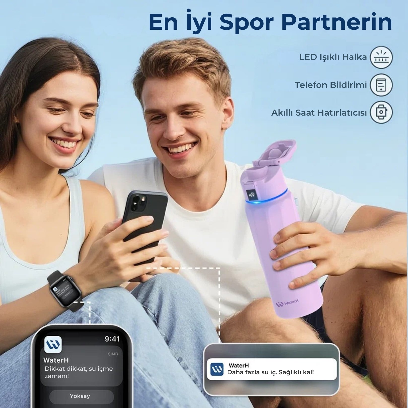 WaterH Boost Akıllı Termos - Hidrasyon Takibi Yapan, Yalıtımlı 0.7 L Akıllı Su Şişesi - Mor