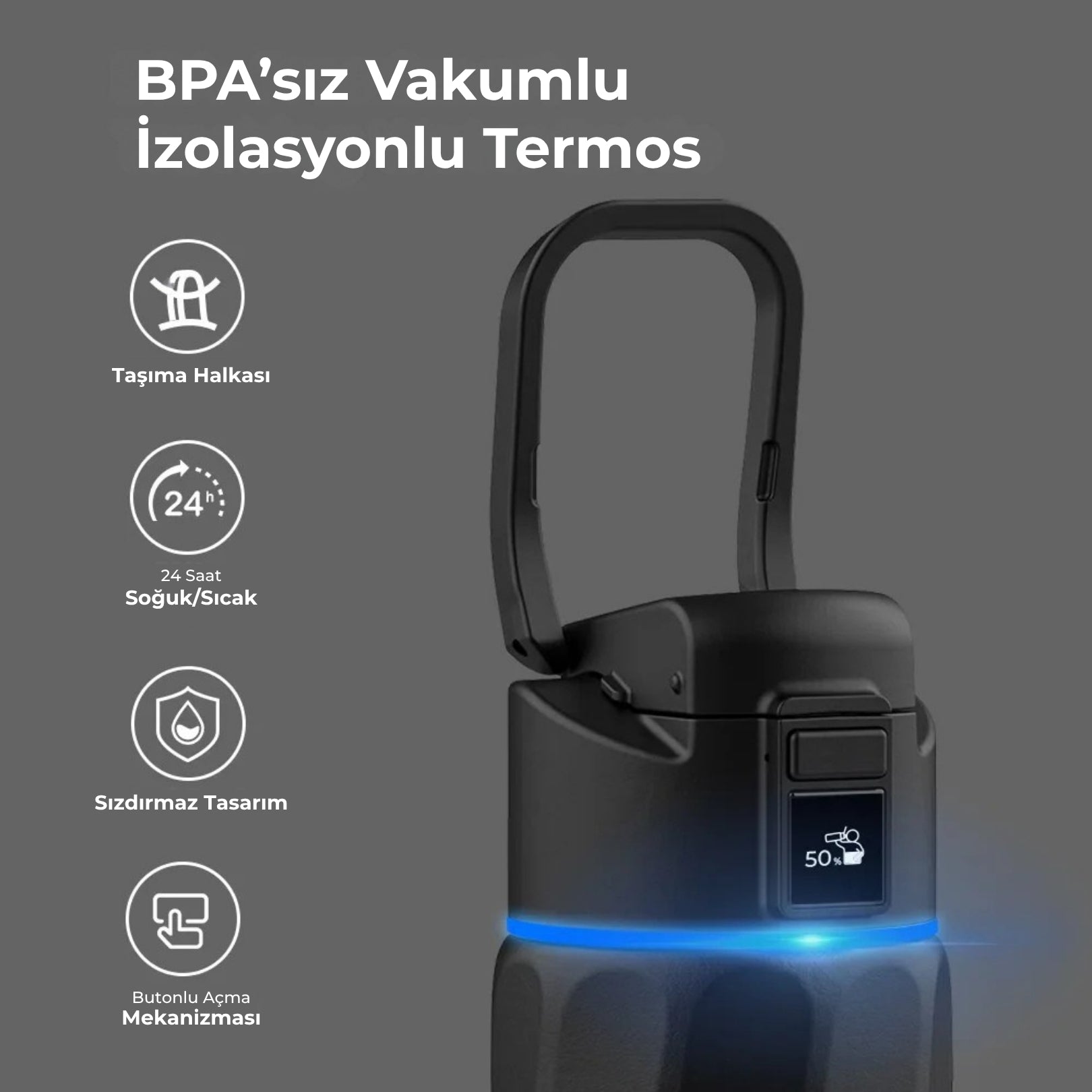 WaterH Boost Akıllı Termos - Hidrasyon Takibi Yapan, Yalıtımlı 0.7 L Akıllı Su Şişesi - Siyah