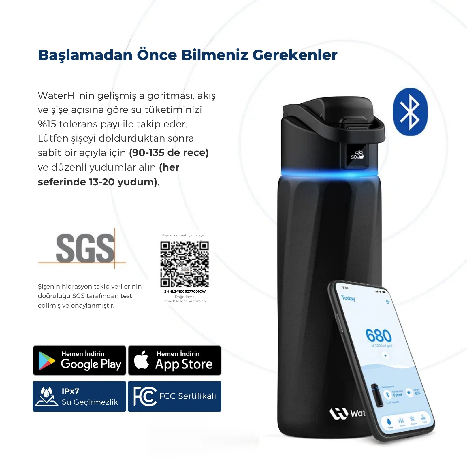 WaterH Boost Akıllı Termos - Hidrasyon Takibi Yapan, Yalıtımlı 0.7 L Akıllı Su Şişesi - Siyah