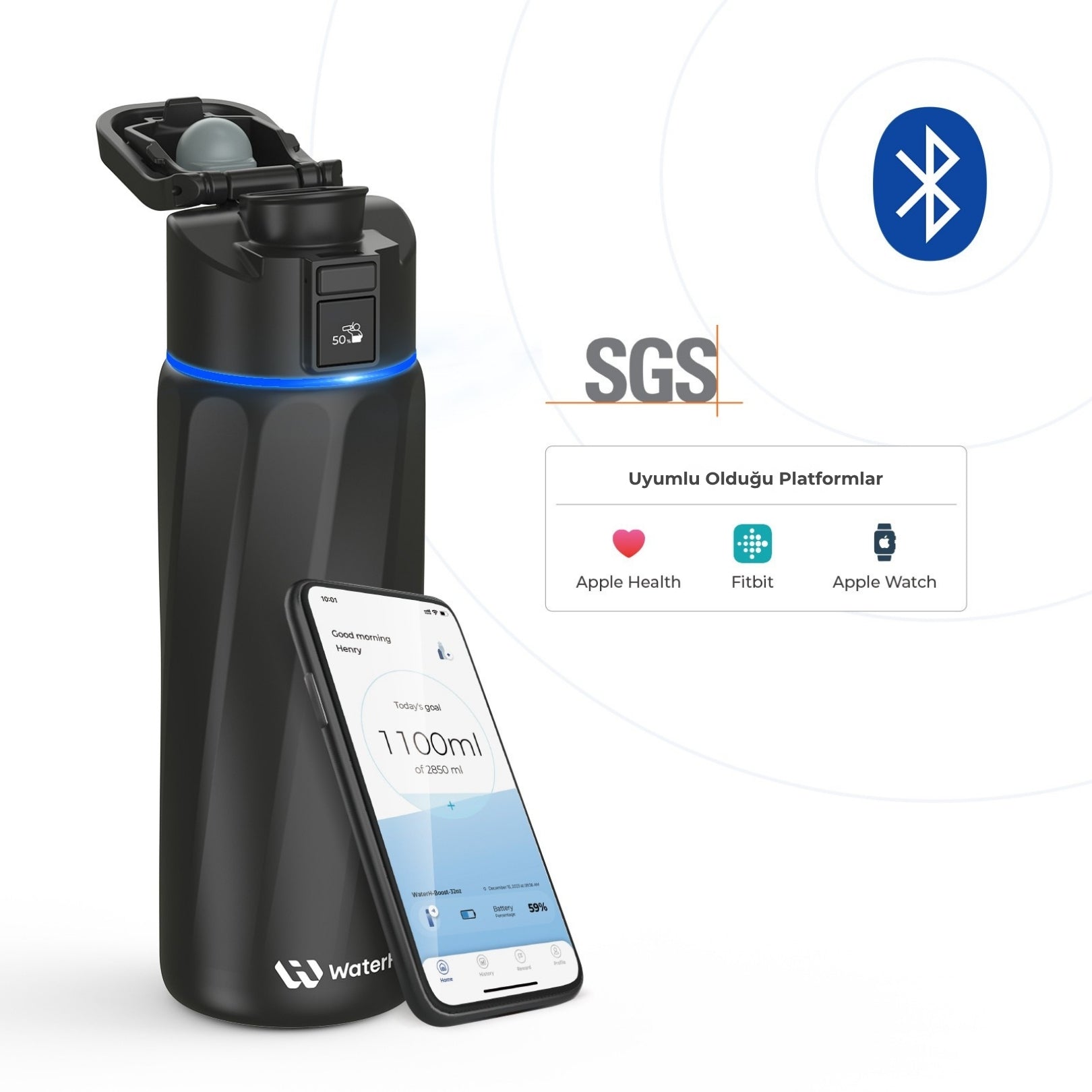 WaterH Boost Akıllı Termos - Hidrasyon Takibi Yapan, Yalıtımlı 0.7 L Akıllı Su Şişesi - Siyah