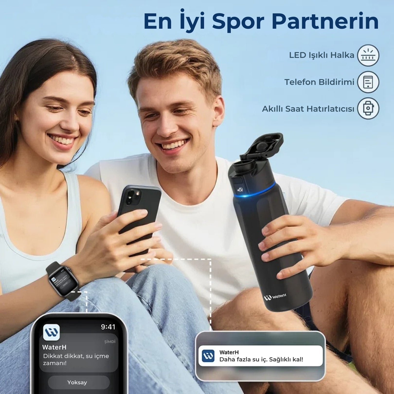 WaterH Boost Akıllı Termos - Hidrasyon Takibi Yapan, Yalıtımlı 0.7 L Akıllı Su Şişesi - Siyah