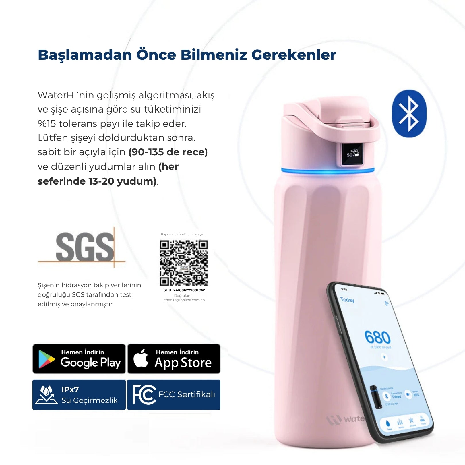WaterH Boost Akıllı Termos - Hidrasyon Takibi Yapan, Yalıtımlı 0.7 L Akıllı Su Şişesi - Açık Pembe
