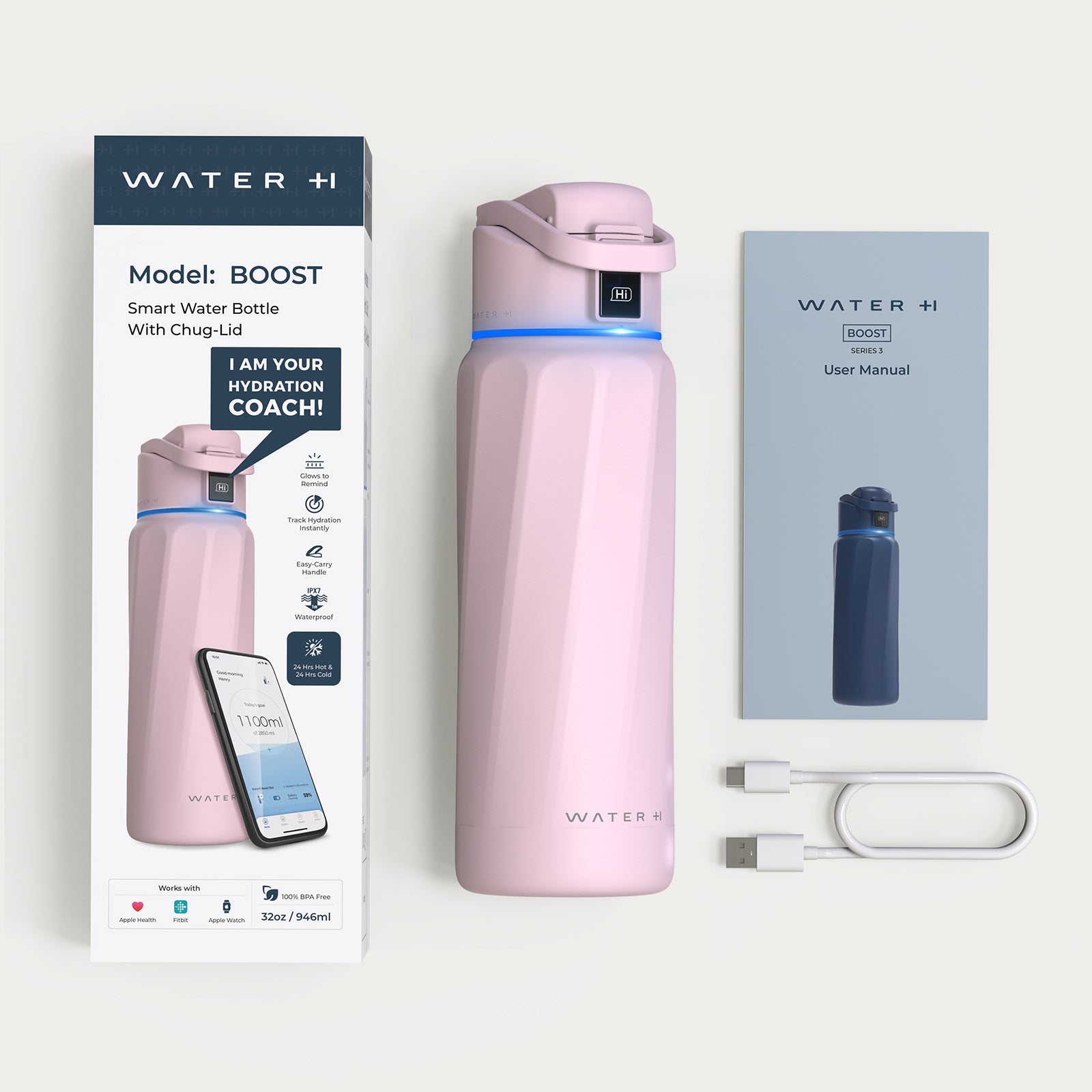WaterH Boost Akıllı Termos - Hidrasyon Takibi Yapan, Yalıtımlı 0.7 L Akıllı Su Şişesi - Açık Pembe