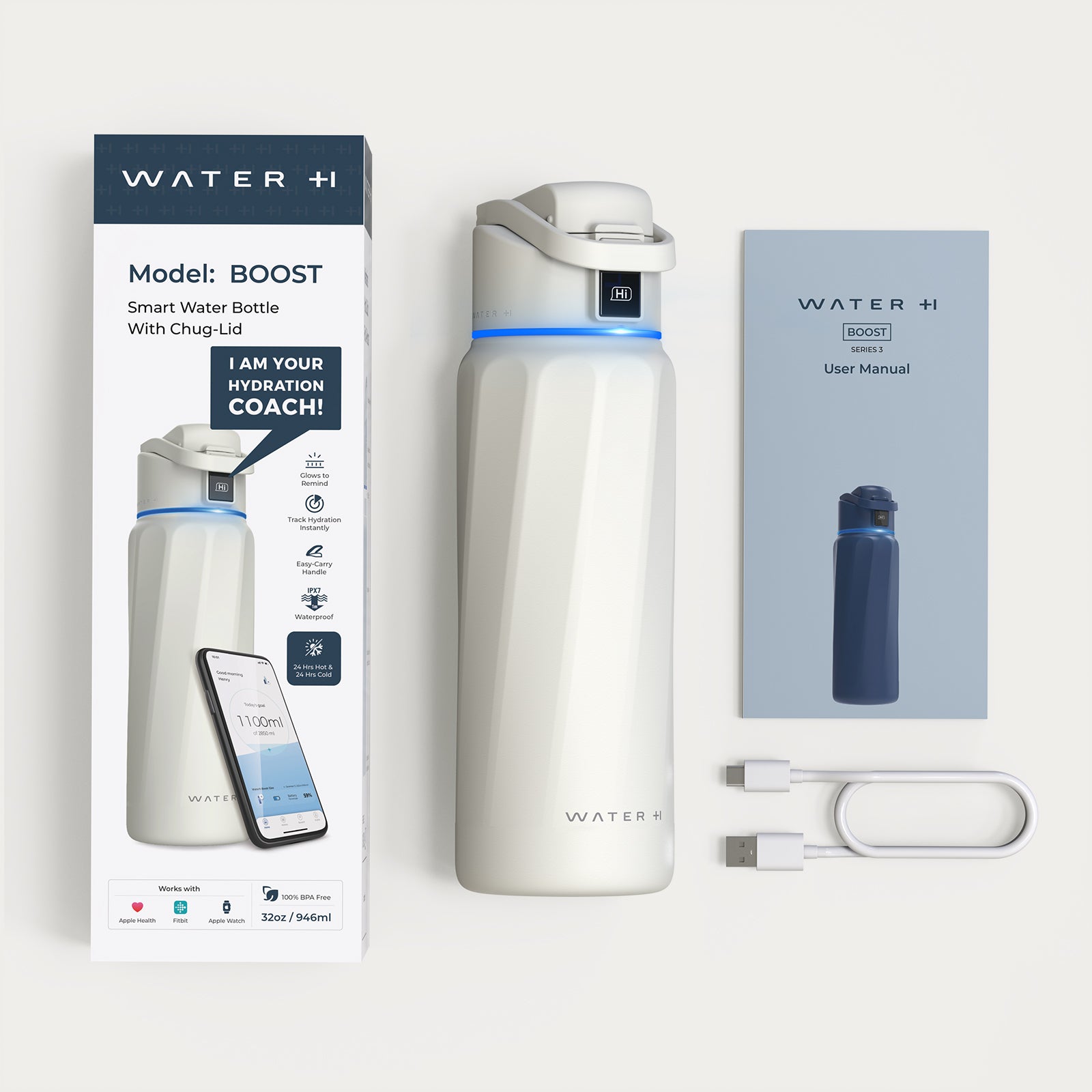 WaterH Boost Akıllı Termos - Hidrasyon Takibi Yapan, Yalıtımlı 0.95 L Akıllı Su Şişesi - Beyaz