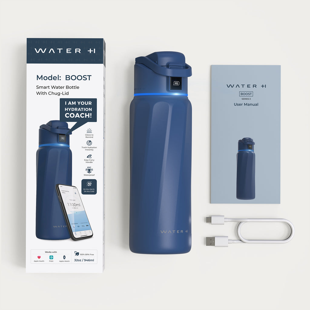 WaterH Boost Akıllı Termos - Hidrasyon Takibi Yapan, Yalıtımlı 0.95 L Akıllı Su Şişesi - Koyu Mavi