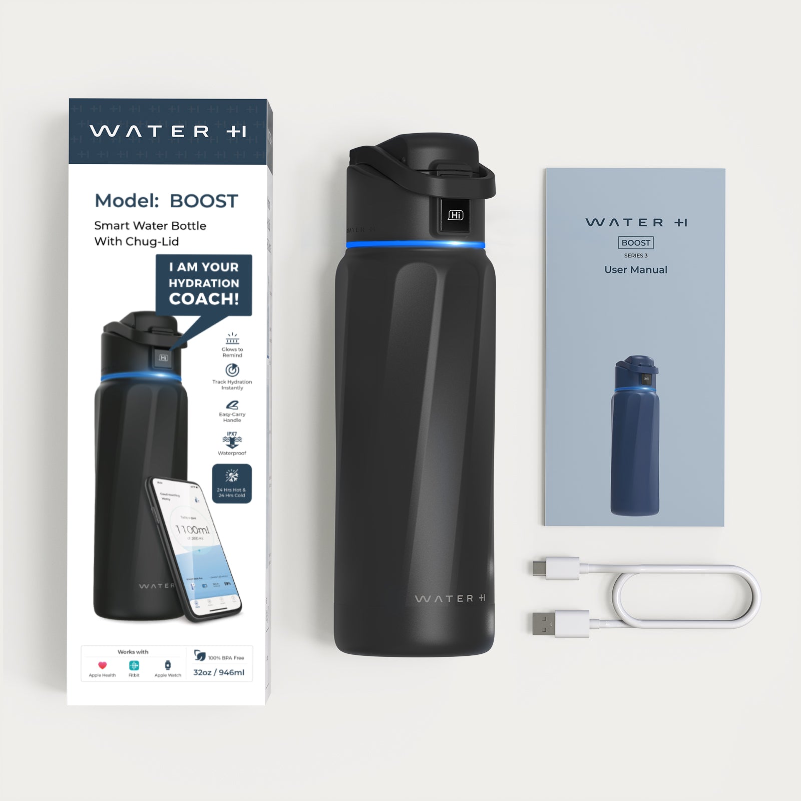 WaterH Boost Akıllı Termos - Hidrasyon Takibi Yapan, Yalıtımlı 0.7 L Akıllı Su Şişesi - Siyah