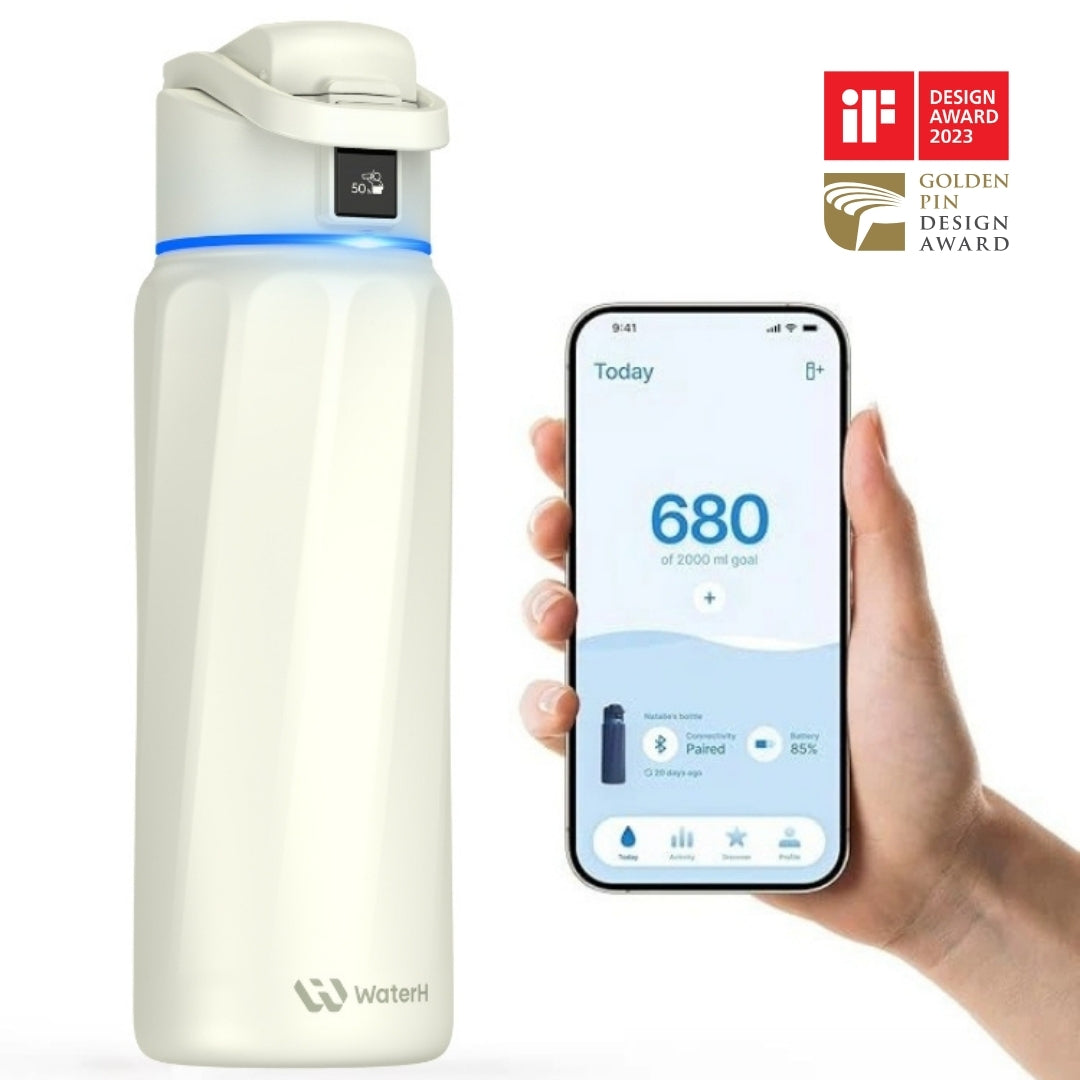 WaterH Boost Akıllı Termos - Hidrasyon Takibi Yapan, Yalıtımlı 0.95 L Akıllı Su Şişesi - Beyaz