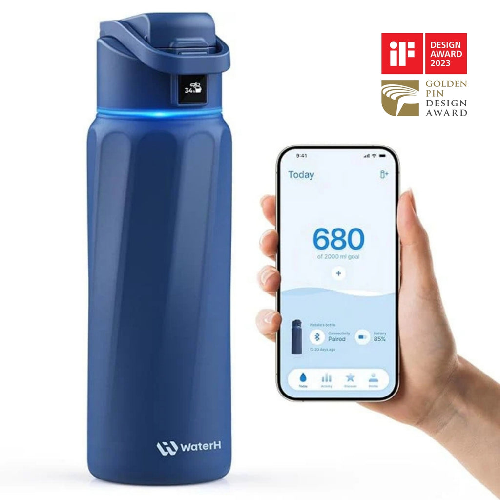 WaterH Boost Akıllı Termos - Hidrasyon Takibi Yapan, Yalıtımlı 0.95 L Akıllı Su Şişesi - Koyu Mavi