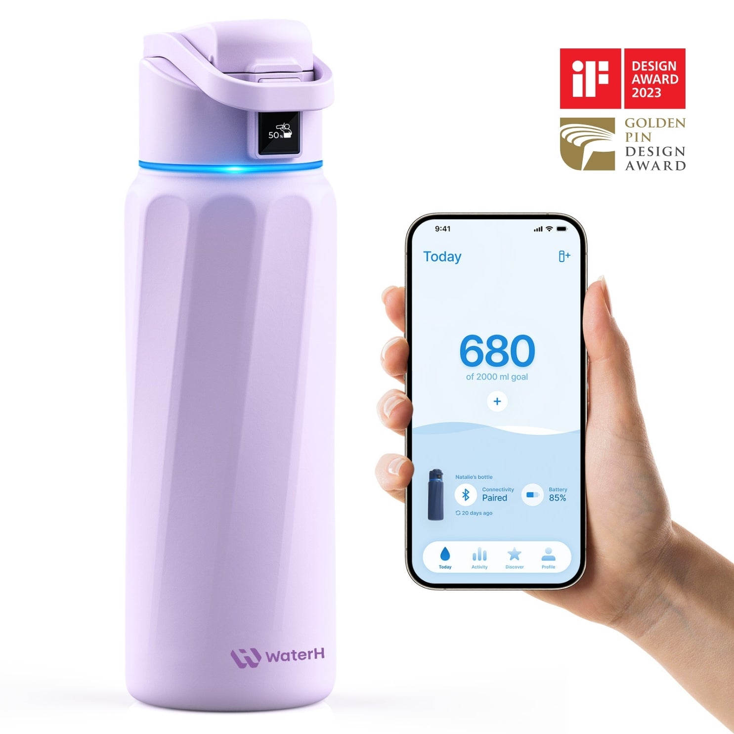 WaterH Boost Akıllı Termos - Hidrasyon Takibi Yapan, Yalıtımlı 0.7 L Akıllı Su Şişesi - Mor