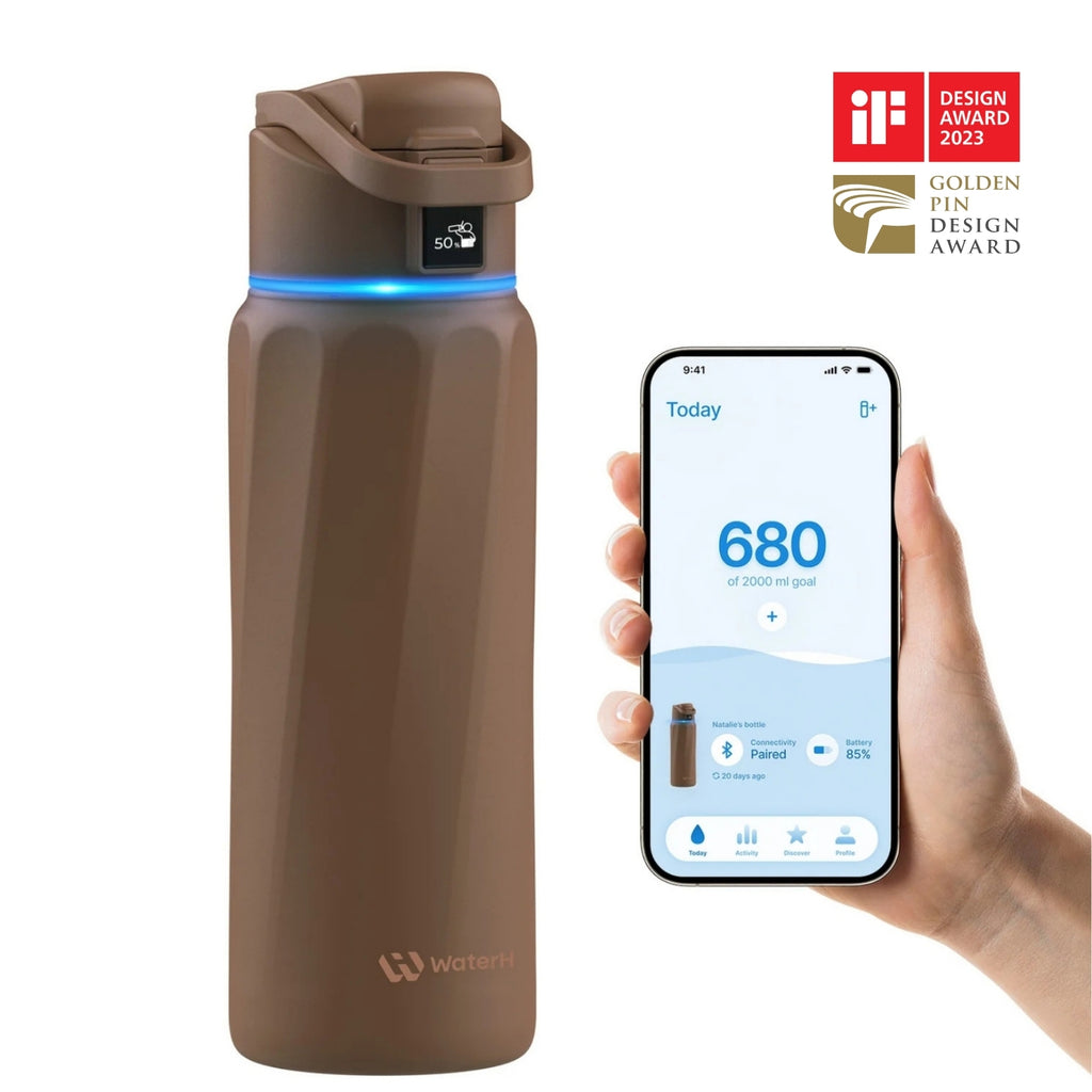 WaterH Boost Akıllı Termos - Hidrasyon Takibi Yapan, Yalıtımlı 0.7 L Akıllı Su Şişesi - Kahverengi
